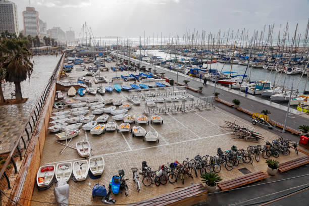 Tel Aviv, Israel - December 11, 2020: Winter storm on Tel Aviv Mediterranean coast