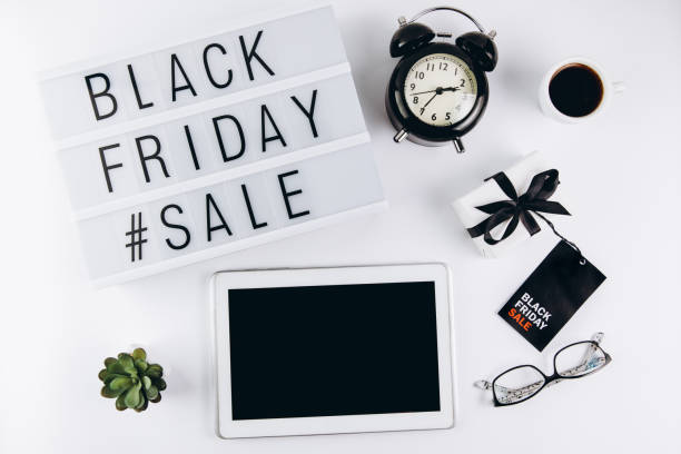 istock Creative Top view flat lay promotion composition Black friday sale text on lightbox white background copy space Template Black friday sale mockup fall thanksgiving promotion advertising 2180698554