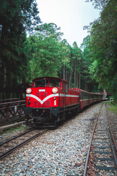 istock Red train head, train station in the mountains, small train in the mountains 2180705694