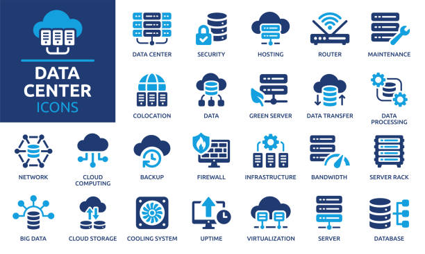 Data center icon set Containing server, hosting, infrastructure, backup, cloud storage, server rack, virtualization, data processing and bandwidth. Solid vector icons collection. data icons solid stock illustrations