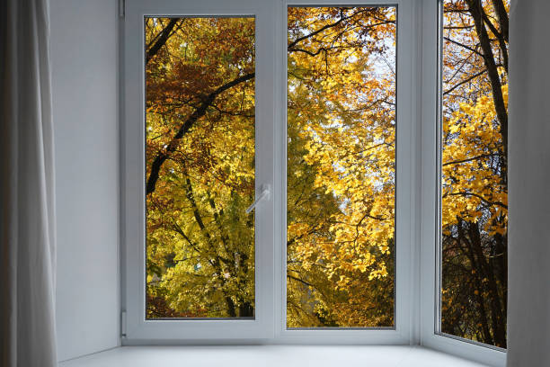 istock View from the window, yellow trees, landscape with forest. 2180711109