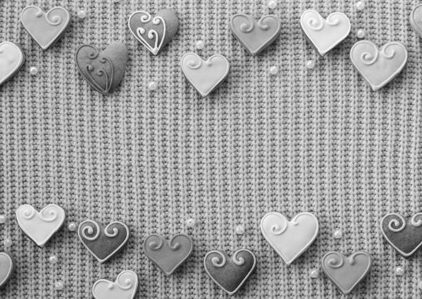 Background Decorated with Heart Shaped Cookies. Wide Web Banner. Valentine Frame Template. Black and white
