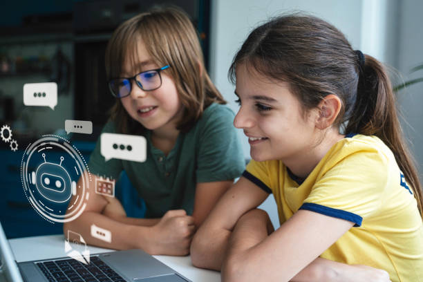 istock Kids engaging with digital chat on shared laptop. AI Chatbot conversation, Ai Artificial Intelligence. OpenAI generate. 2180716142