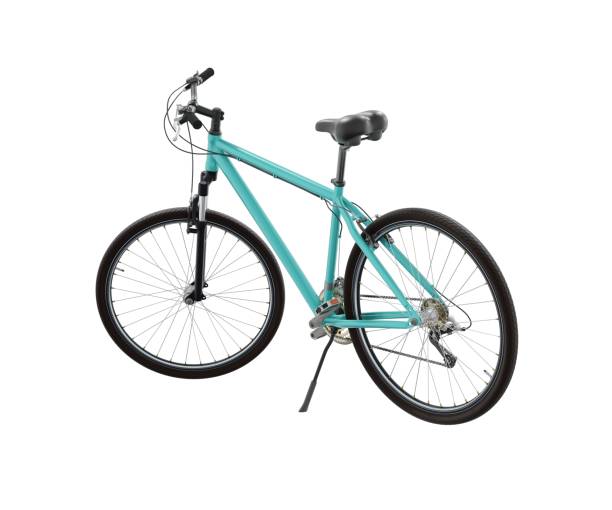 istock Blue teal bicycle standing on kickstand, side view isolated on white background, 3D illustration 2180717657