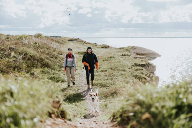 With tails wagging and spirits high, the hikers and their joyful dog traverse a cliffside path overlooking the sparkling sea.