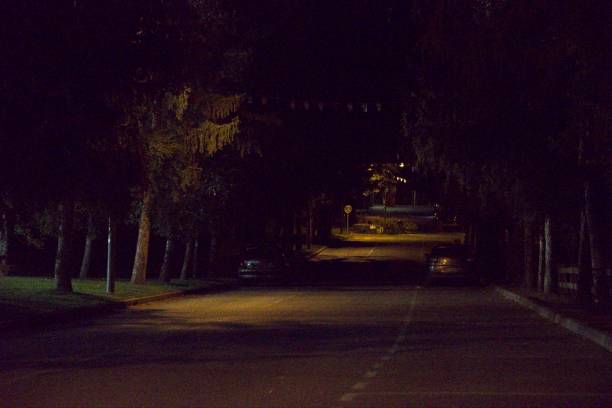 istock Dark street illuminated by streetlights 2180724053