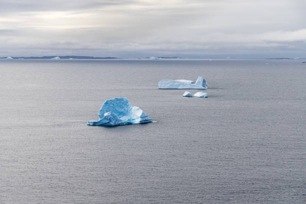 red sailboat sailing among floating yellow icebergs hit by setting sun in Disko Bay during polar summer midnight solar season. Ilulissat, Greenland