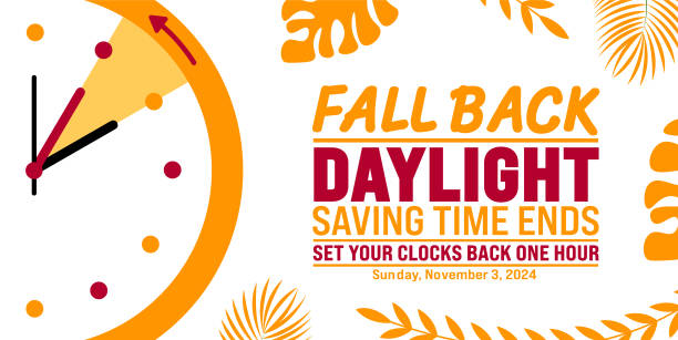 stockillustraties, clipart, cartoons en iconen met fall back daylight saving time ends 2024 background or banner design template. fall back time 2024 is observed every year in november. set your clock back one hour banner with clock. - tijdzone