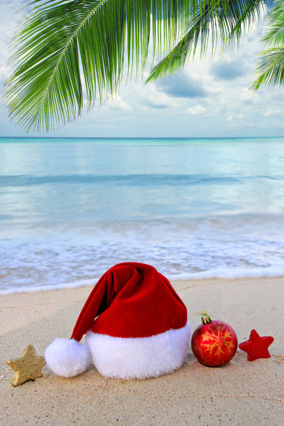 istock Christmas background with red Santa hat and palm tree branch on Caribbean beach. 2180730662