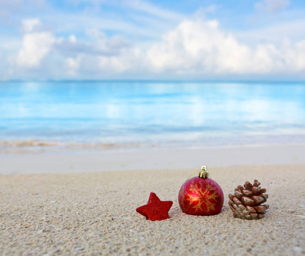 Merry Christmas ball and decorations on the white Caribbean sand.