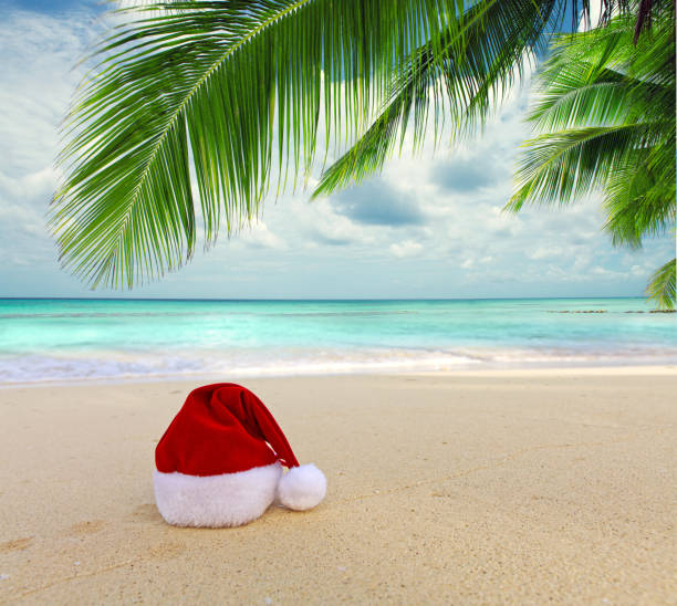 istock Christmas background with red Santa hat and palm tree branch on Caribbean beach. 2180730996