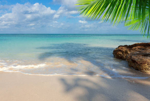 A scene from Puka Beach on Boracay Island, Philippines. A sunny day at the beach, with a calm sea gently rolling onto the exceptionally clean, white sand shore. The water exhibits shades of turquoise and dark blue, transitioning towards the horizon. In the distance, a small stripe of a hilly island can be seen. The sky above is blue, adorned with scattered clouds. The beach itself appears empty, devoid of any people, inviting a sense of tranquility and serenity.