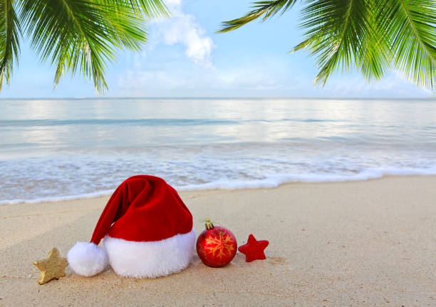 istock Christmas background with red Santa hat and palm tree branch on Caribbean beach. 2180732479