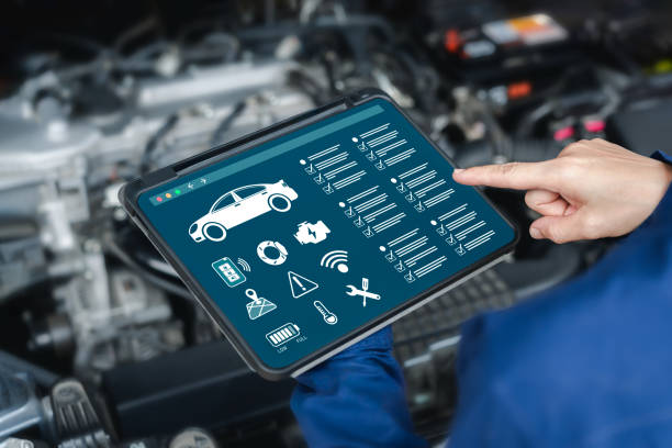 istock Car service technology, Software online and checklist concept, Women's Service Center Officer use tablets car defects check and maintenance topic for service, Checkup automotive. Customer service 2180754697
