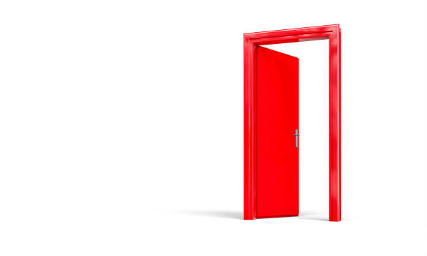 Red door opening to new possibilities on white background 3d
