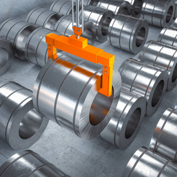 istock Industrial crane lifting steel roll in warehouse 2180755962