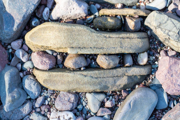Multiple colored pebbles and stones grouped together on the beach.