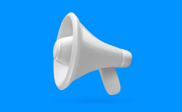 istock Vector illustration of white shine megaphone with shadow on blue color background. 3d style design of announcement bullhorn and speaker. Communication loudspeaker for social media 2180765519