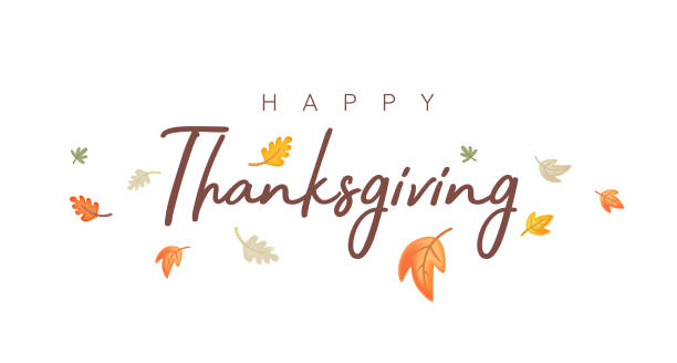 ilustrații de stoc cu ilustrație vectorială de vacanță de toamnă a cuvântului fericit de ziua recunoștinței și model de frunze portocalii pe fundal de culoare albă. design de litere de ziua recunoștinței cu frunză de desene animate - mulțumire