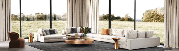 istock This Contemporary Modern Living Room Offers a Stunning Panoramic Window View That Captivates, 3d rendering 2180766143