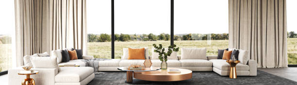 Stylish living room with large windows for breathtaking views, elegant seating, and a cozy, inviting atmosphere, 3d rendering
