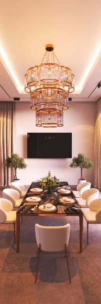 This dining room features a stunning chandelier and minimalist decor for a chic ambiance, 3d rendering