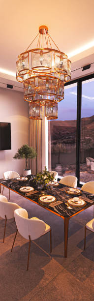 istock Elegant Dining Room Featuring a Modern Chandelier and a Scenic View Outside the Windows, 3d rendering 2180767016