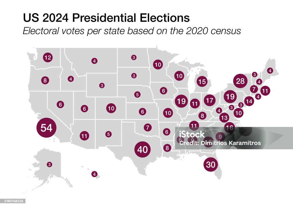 Electoral votes per state for 2024 US elections The electoral votes allocated to each US state for the 2024 elections based on the 2020 census Electoral College stock illustration Electoral votes per state for 2024 US elections The electoral votes allocated to each US state for the 2024 elections based on the 2020 census Electoral College stock illustration