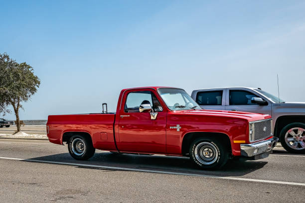 Gulfport, MS - October 04, 2023: Wide angle front corner view of a Customized 1984 Chevrolet C10 Silverado Pickup Truck at a local car show.