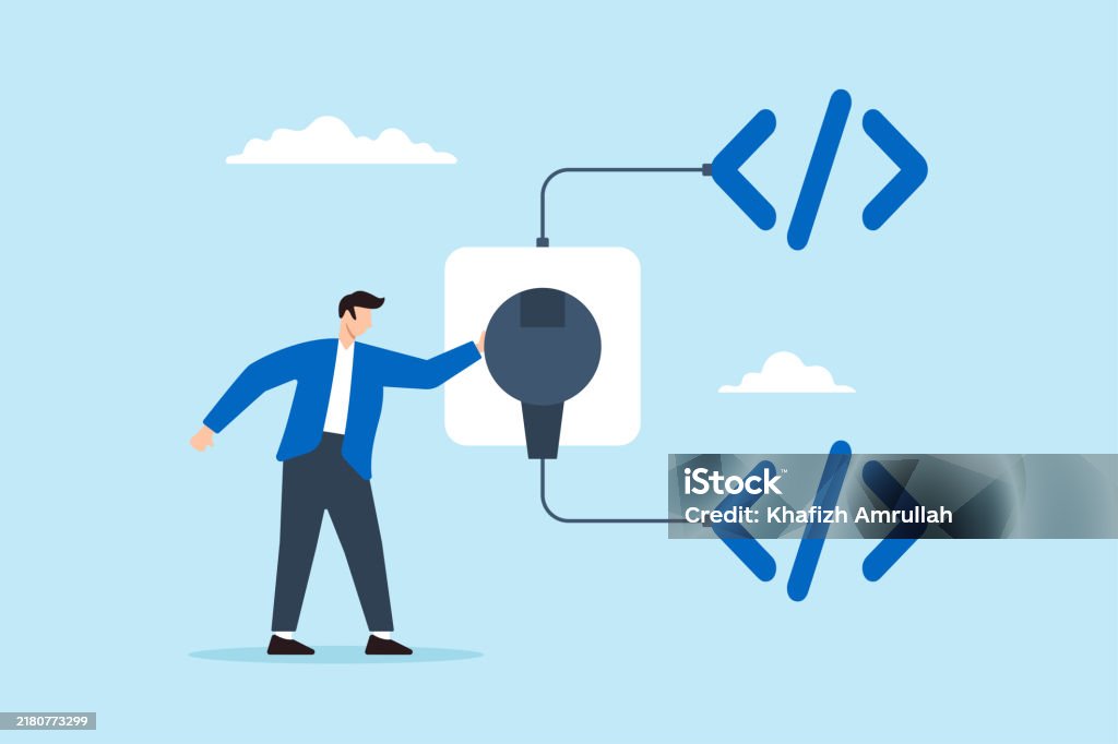 Flat Illustration Of Programmer Connects Socket Between Coding Programs ...