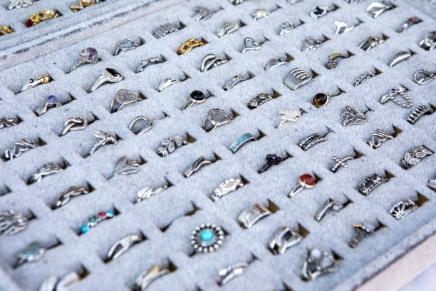 Tray full of rings displayed outside a store in Brighton