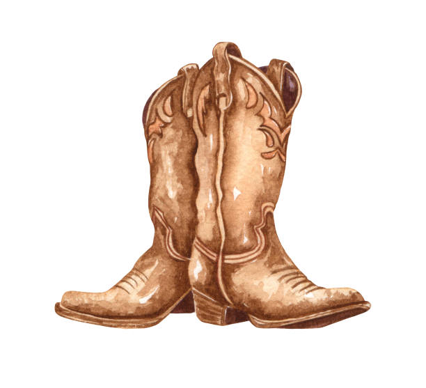 Watercolor cowboy boots. Hand painted rodeo theme design. Countryside living at Texas themed illustration. Leather ranch boots. Watercolor cowboy boots. Hand painted rodeo theme design. Countryside western themed illustration. theme wild wild west stock illustrations