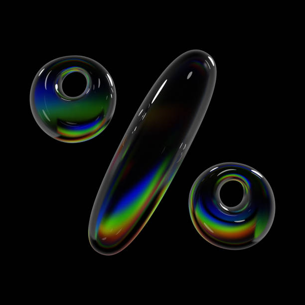 3d glass percentage sign with holographic effect and rainbow dispersion. Transparent balloon bubble style. Glossy and reflective surface, perfect for Y2K futuristic typography and modern vector design