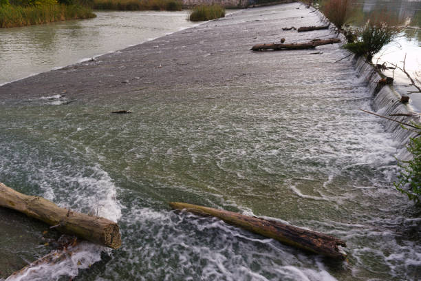 View of the Rio Ebro River in the city of Aranjuez in Spain in autumn