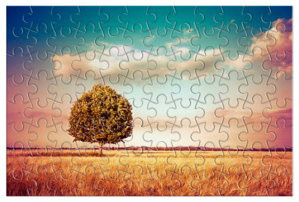istock Isolated tree in a tuscany rural scene (Italy) - environmental conservation concept image in jigsaw puzzle shape 2180791768