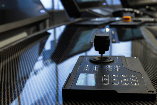 Ship control panel equipment, close-up photo. Electronic equipment of marine navigation simulation system