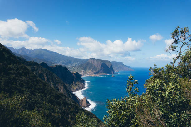 istock Panoramic View of Rugged Coastline with Lush Vegetation 2180798444