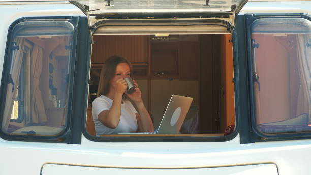 istock Woman Working Remotely in RV, Drinking Coffee and Using Laptop Through 2180799604