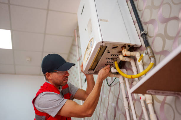 istock A technician in a red vest and hat carefully works on the internal components of a wall-mounted boiler. . 2180802647