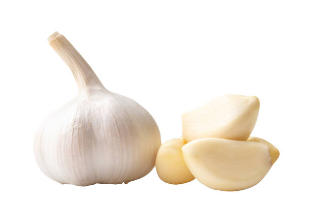 istock Side view of white garlic bulb with peeled cloves in stack isolated on white background with clipping path 2180804293