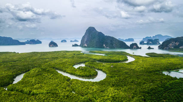 istock Panoramic view of Samet Nangshe Mountain scenery in Phang Nga Bay with mangrove forests in the Andaman Sea with a bright sky Tourist attractions in Phang Nga, Thailand 2180808469