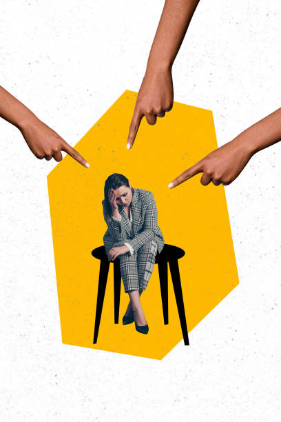 istock Composite trend artwork sketch image collage of young lady confused sad bad mood sit table hold head loser gesture finger point mockery 2180811009