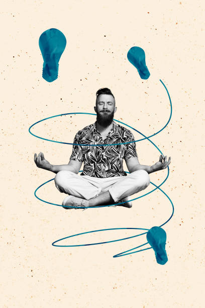 istock Vertical image collage young man sit meditation find solution invention lightbulb lamp electrical led power strategy idea 2180812704