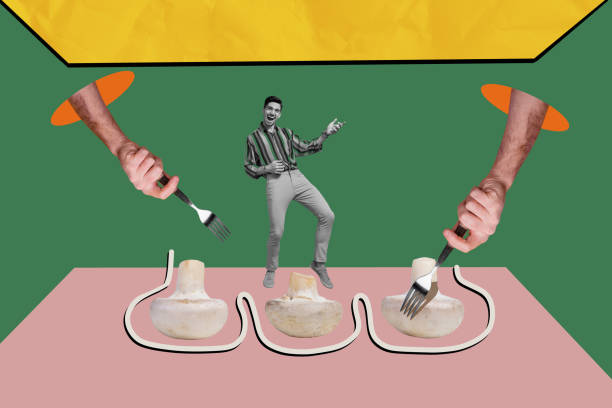 istock Creative collage picture young man guitar player fork hands eat hunger mushrooms kitchenware culinary gourmet body fragments 2180813400