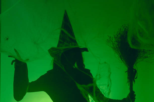 istock Witch Silhouette with Broom on Green Background 2180814385