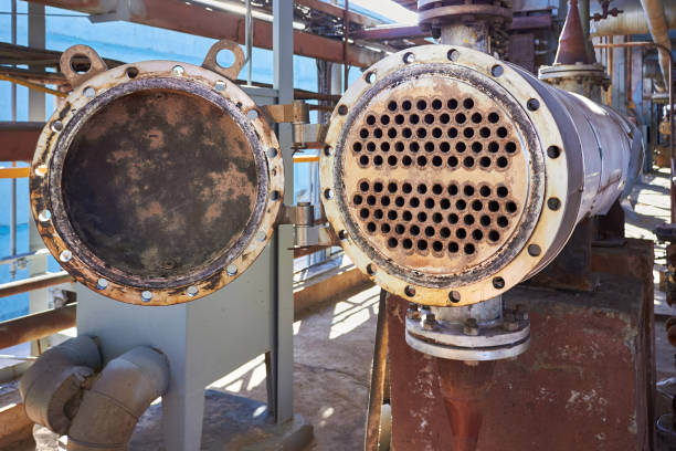 istock Industrial heat exchanger or boiler tubes bundle. Two way heat exchanger shell and tubes opened for repairing and deposits cleaning at petrochemical enterprises industrial background with copyspace. 2180816603