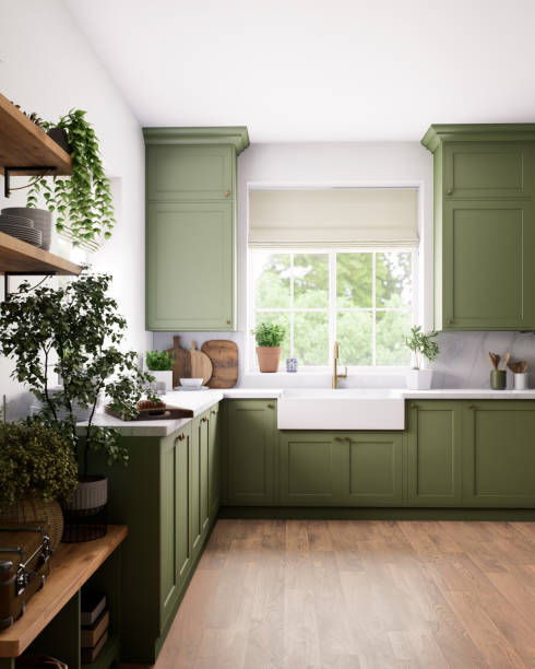 istock A contemporary modern kitchen with striking green cabinets and a clean, minimalist design 2180822111
