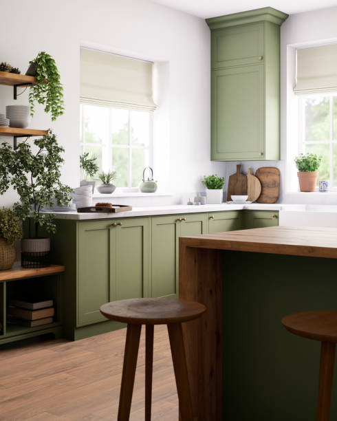 istock Modern green kitchen with natural elements, large space and stylish design 2180822114