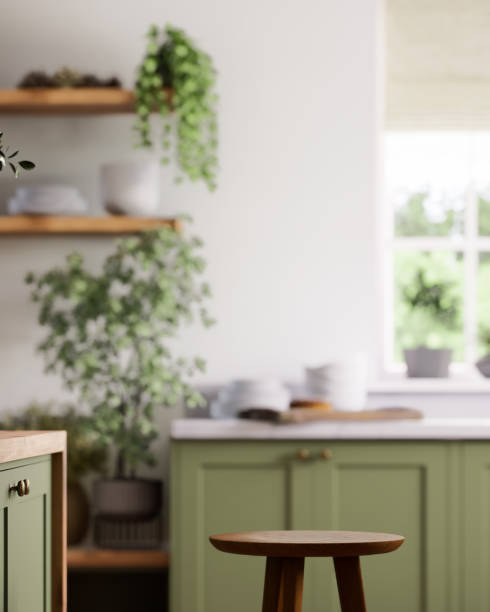 istock 3D render of a modern kitchen with vibrant green cabinets. 2180822115