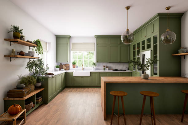 istock Modern green kitchen with natural elements, large space and stylish design 2180822137